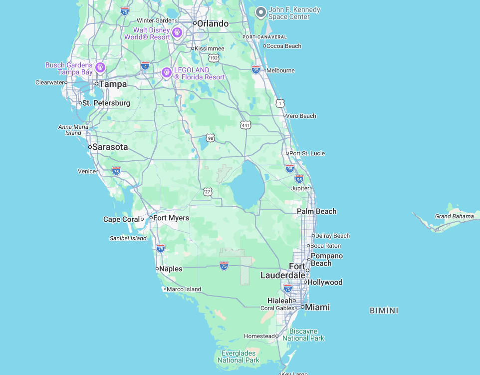 Map of Florida showing the company's Pompano Beach base